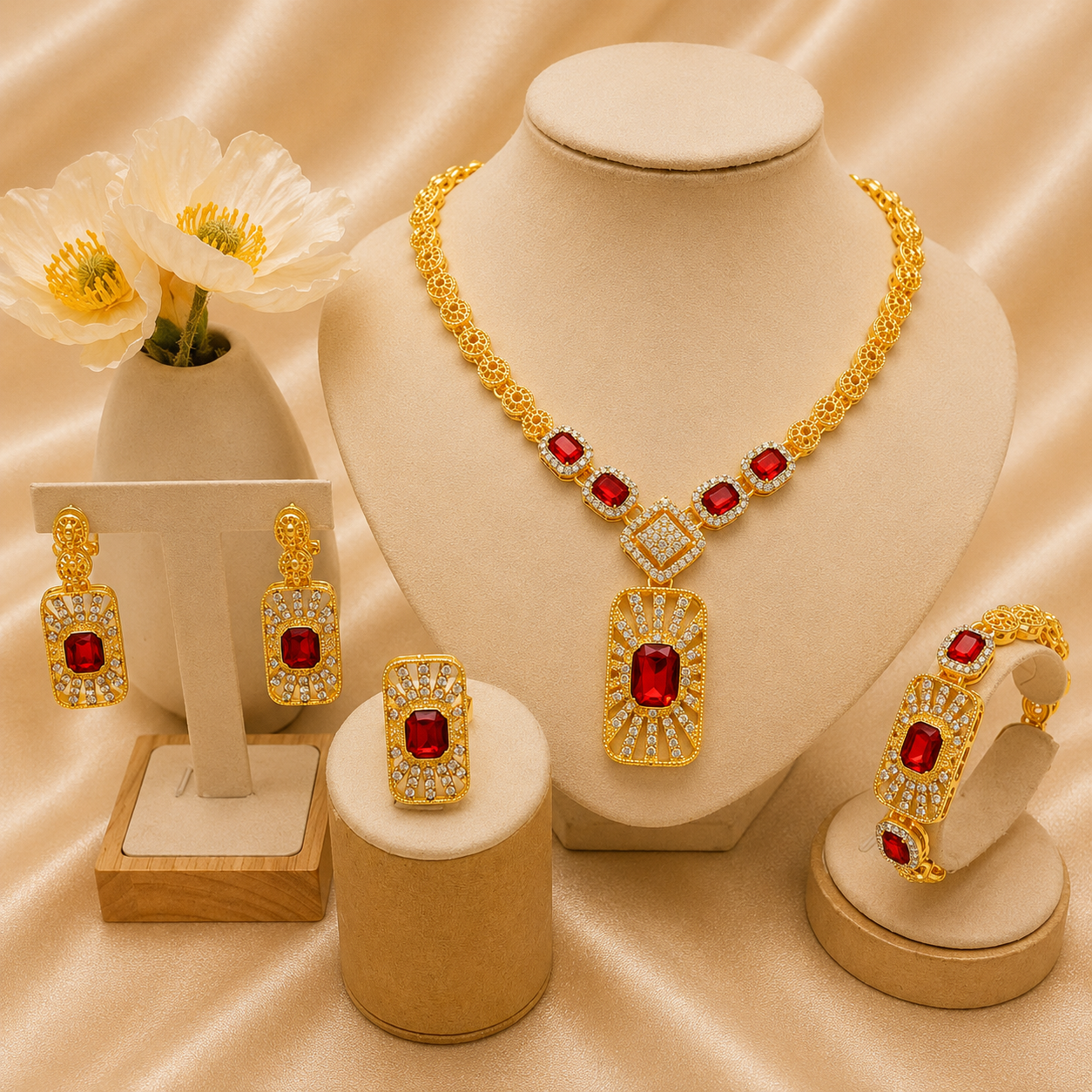 Luxury Gold Necklace, Bracelet, Earrings & Ring Set