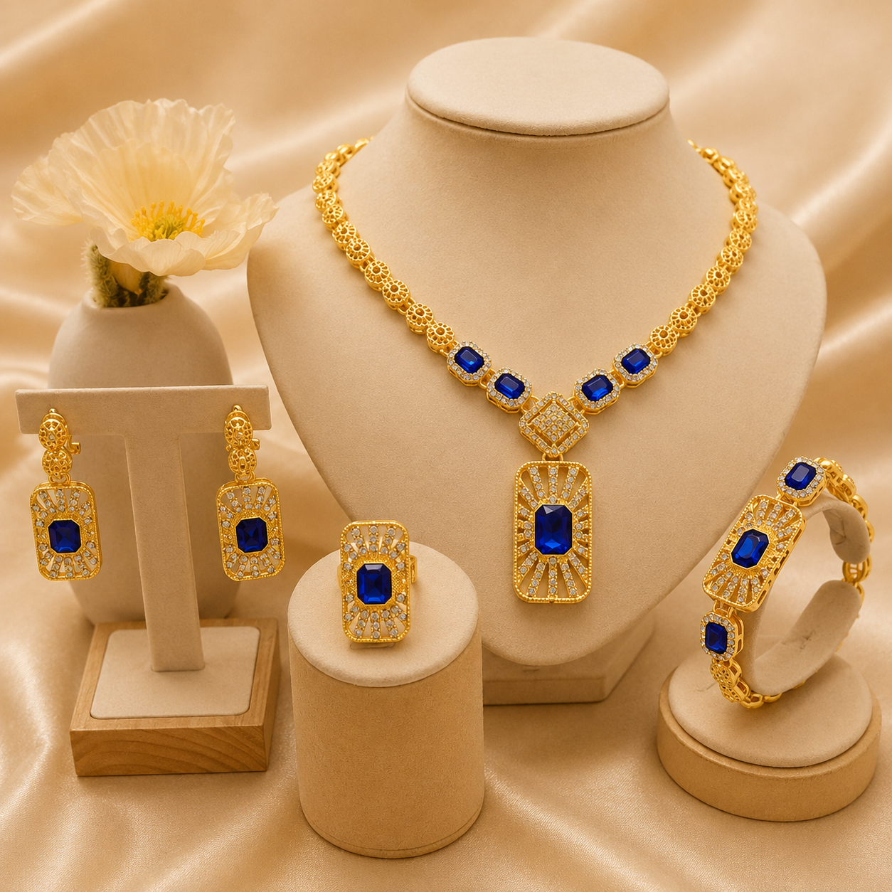 Luxury Gold Necklace, Bracelet, Earrings & Ring Set