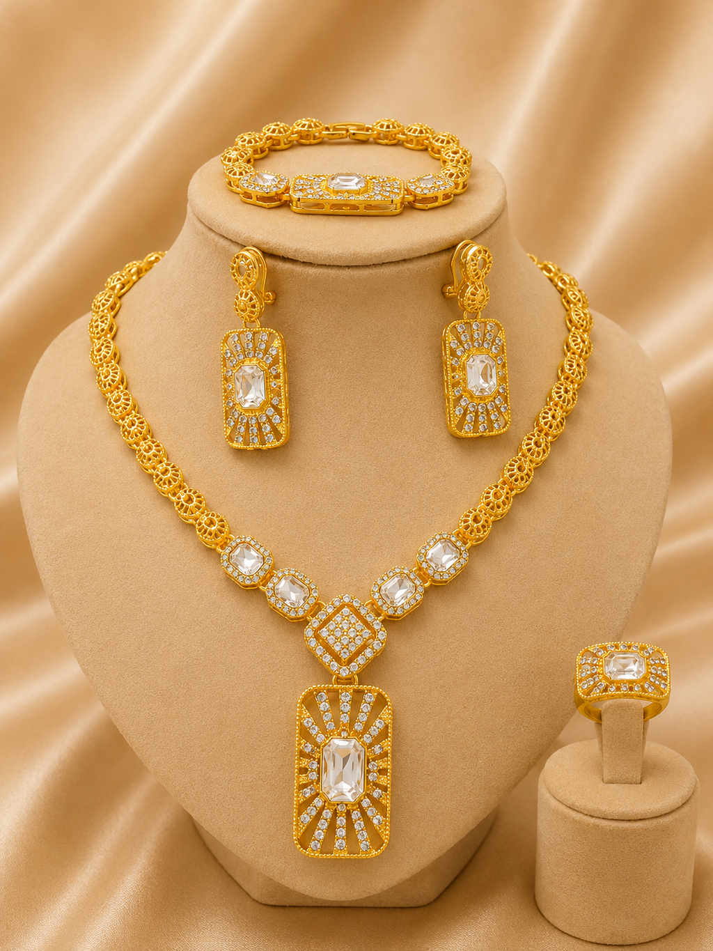 Luxury Gold Necklace, Bracelet, Earrings & Ring Set