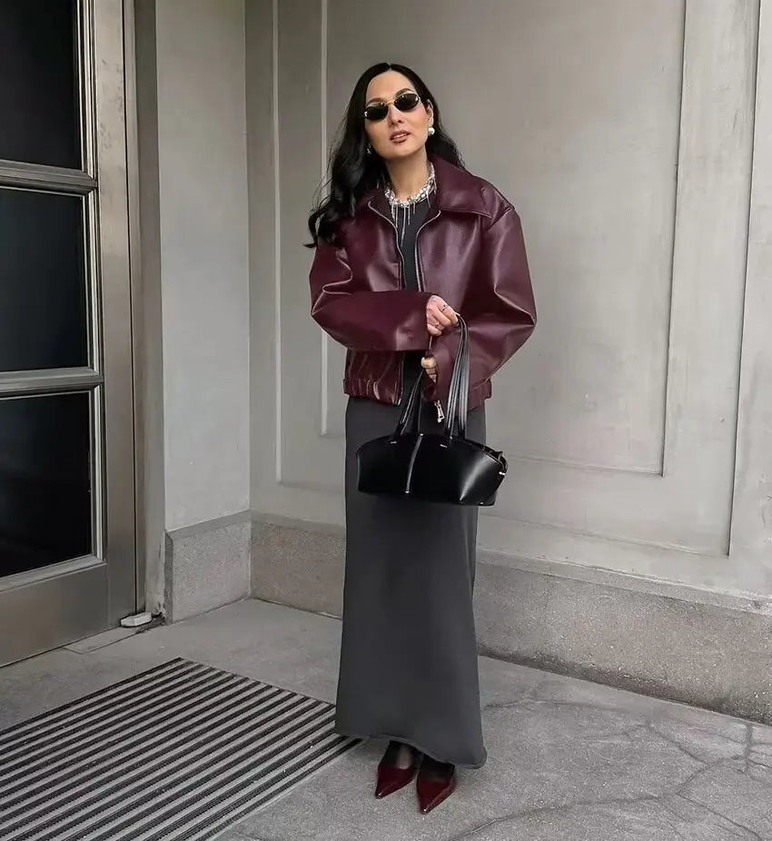 HH Wine Red Faux Leather Jakcet Fashion Outerwear Thicken Zipper Lapel Pu Coats Autumn Winter Streetwear Ladies Tops Women