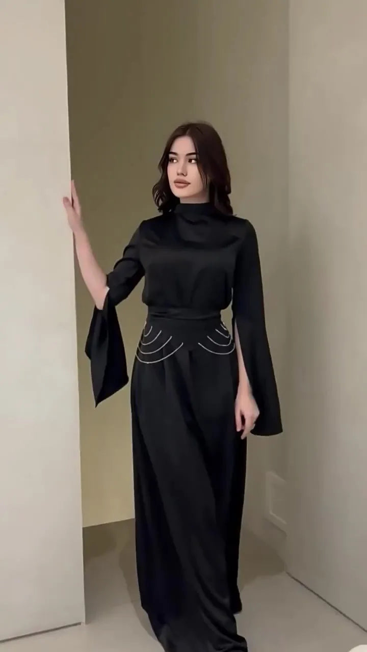 Elegant Satin Lantern Sleeve Dress