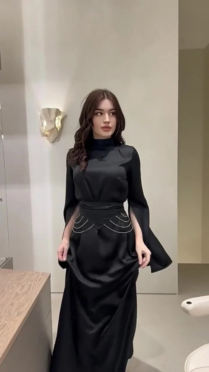 Elegant Satin Lantern Sleeve Dress