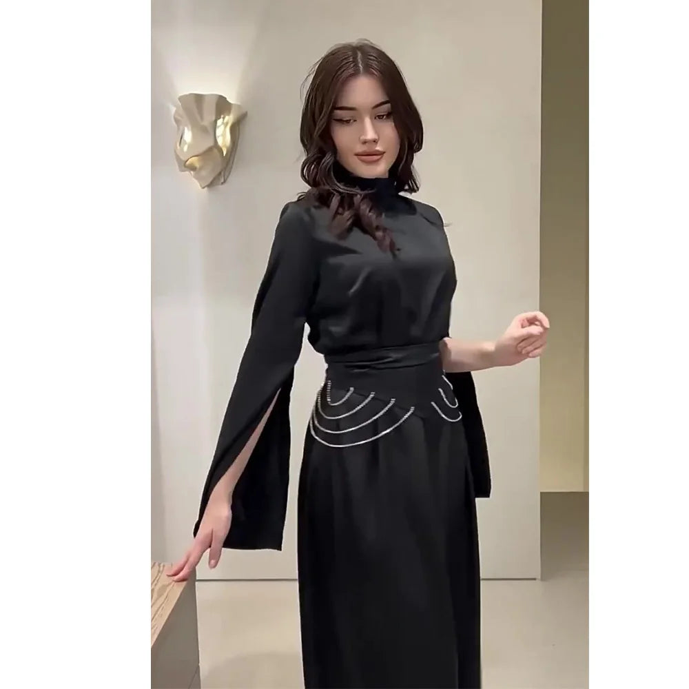Elegant Satin Lantern Sleeve Dress