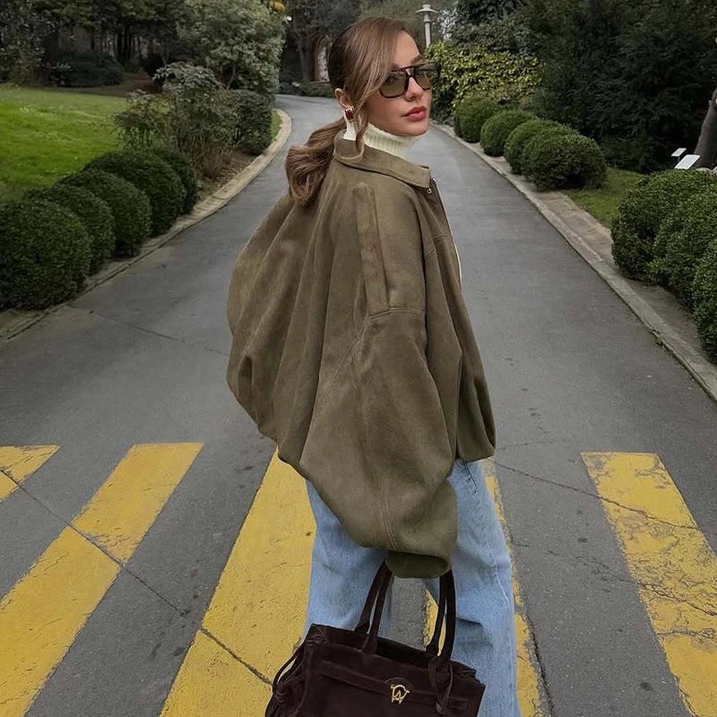 MUJER 2025 Suede Bomber Jackets for Women Outerwears Oversized Jacket Woman Streetwear Zip Women's Coats Padded Varsity Jackets