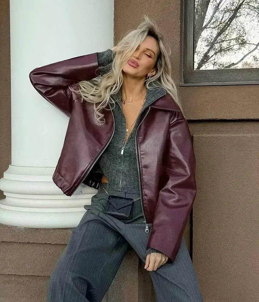 HH Wine Red Faux Leather Jakcet Fashion Outerwear Thicken Zipper Lapel Pu Coats Autumn Winter Streetwear Ladies Tops Women