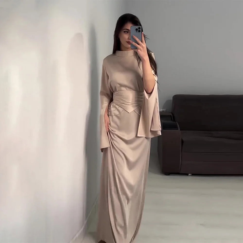 Elegant Satin Lantern Sleeve Dress