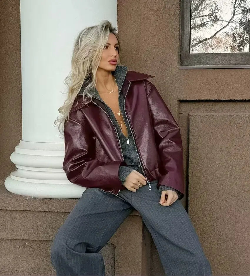 HH Wine Red Faux Leather Jakcet Fashion Outerwear Thicken Zipper Lapel Pu Coats Autumn Winter Streetwear Ladies Tops Women